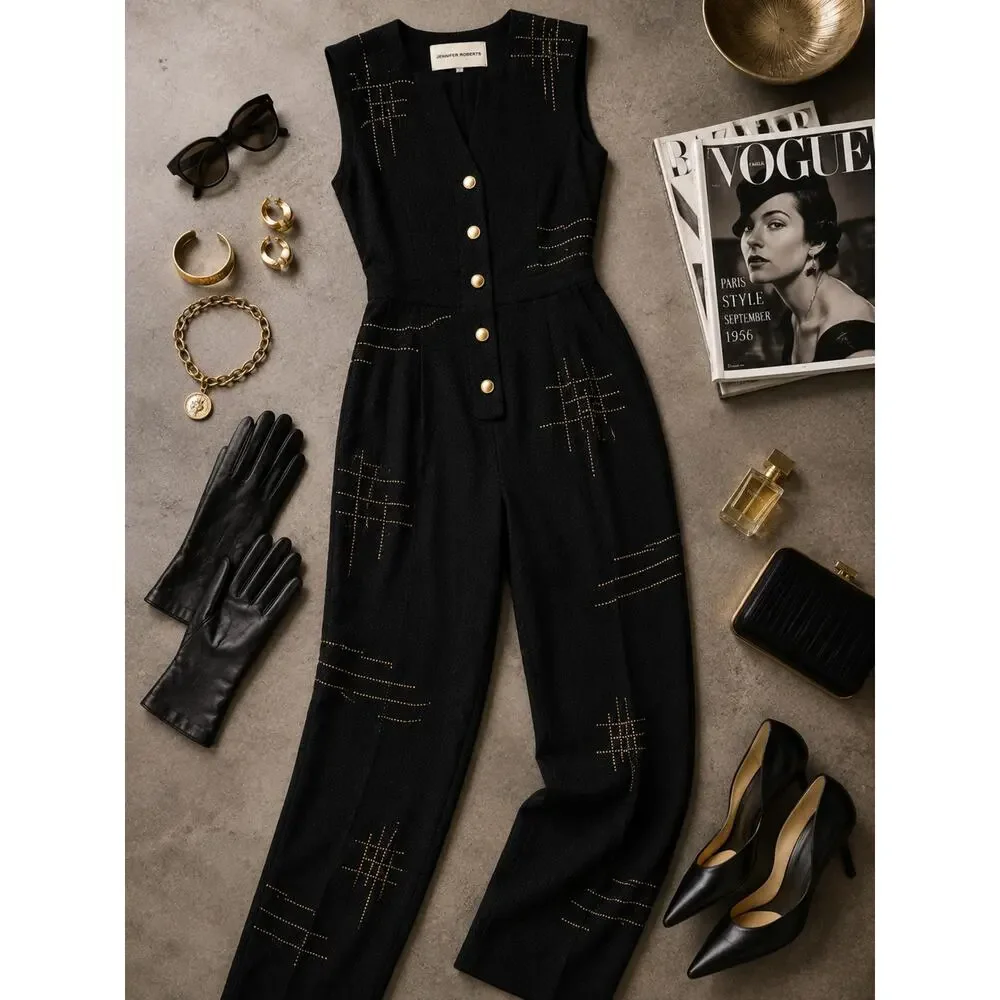Jennifer Roberts Vintage Black Metallic Studded Jumpsuit one piece art wear S/M - Picture 7 of 14